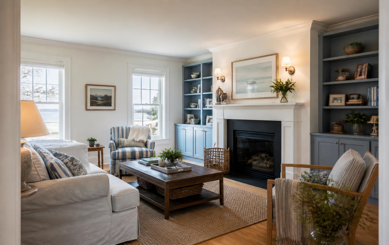 Light-filled coastal New England living room with warm white walls, blue-gray built-in cabinetry, traditional millwork and oak floors