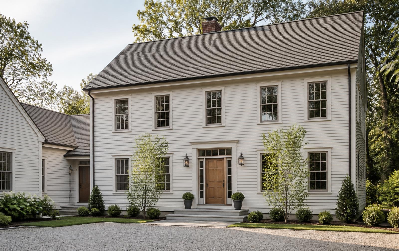 Renovated Colonial with soft off-white siding, a natural wood front door, dark bronze gutters and restrained landscaping