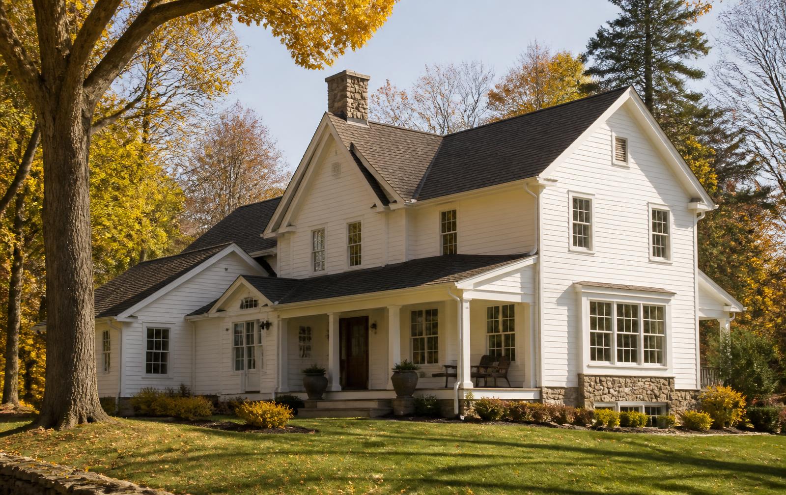 New England farmhouse with warm white siding, a dark shingle roof, covered entry porch, fieldstone foundation and mature trees